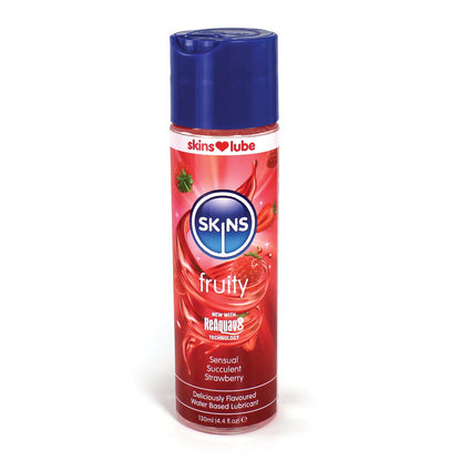 Experience the silky smooth pleasure of Skins Water Based Lubricant, a vegan and cruelty-free delight with ReAquav8 technology. Enjoy its succulent strawberry flavor in a vibrant red 130 ml (4.4 oz) bottle adorned with strawberries and a blue cap.