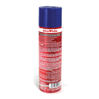 A red cylindrical bottle with a blue cap labeled Skins Water Based Lubricant by Skins, featuring details and ingredients on the back. This personal lubricant is paraben-free, vegan & cruelty-free, water-based for silky smooth use.