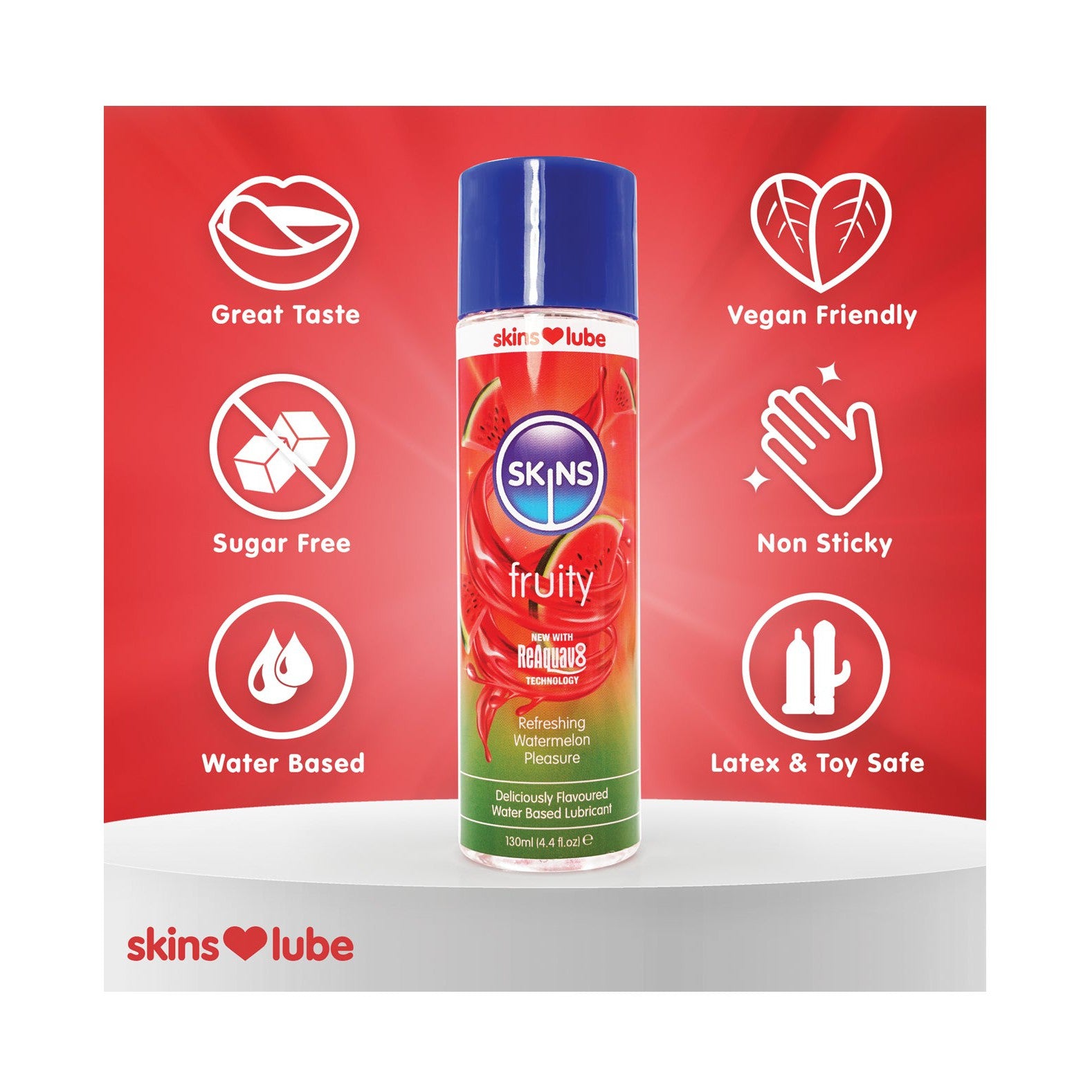 The image displays a bottle of Skins Water Based Lubricant. Icons highlight its sugar-free, silky texture, and delicious taste. The vegan, cruelty-free lube is non-sticky, water-based, and latex & toy safe against a vibrant red backdrop.