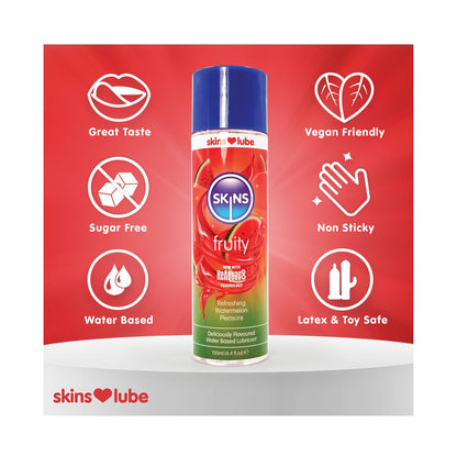 The image displays a bottle of Skins Water Based Lubricant. Icons highlight its sugar-free, silky texture, and delicious taste. The vegan, cruelty-free lube is non-sticky, water-based, and latex & toy safe against a vibrant red backdrop.