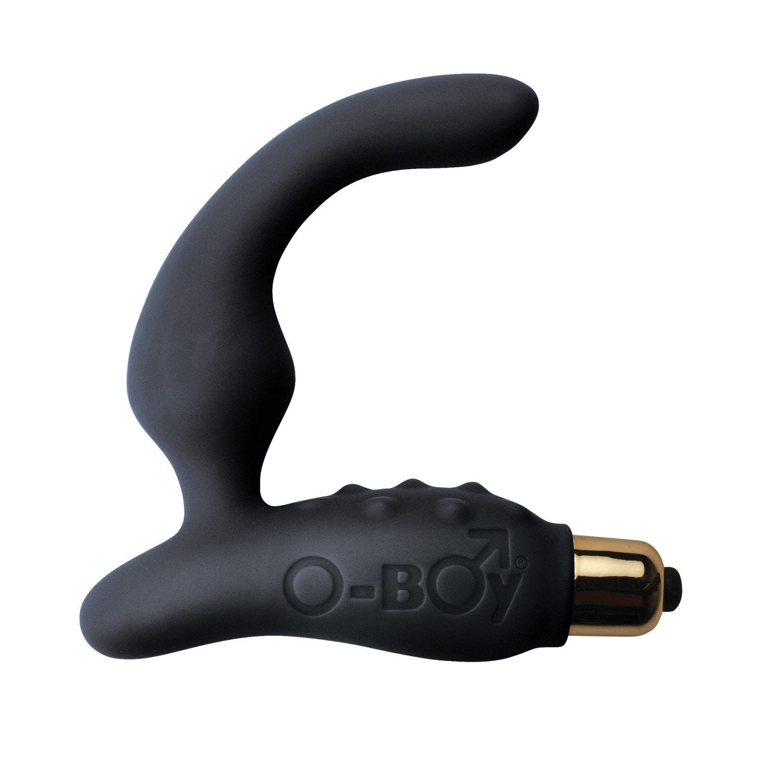 The Rocks Off O Boy 7, by Rocks Off, is a black curved personal massager with gold accents. Designed for prostate pleasure, it features a smooth texture and rounded handle with a small grip bump. O-BOY is inscribed on the handle. Its an ideal beginner prostate tool.