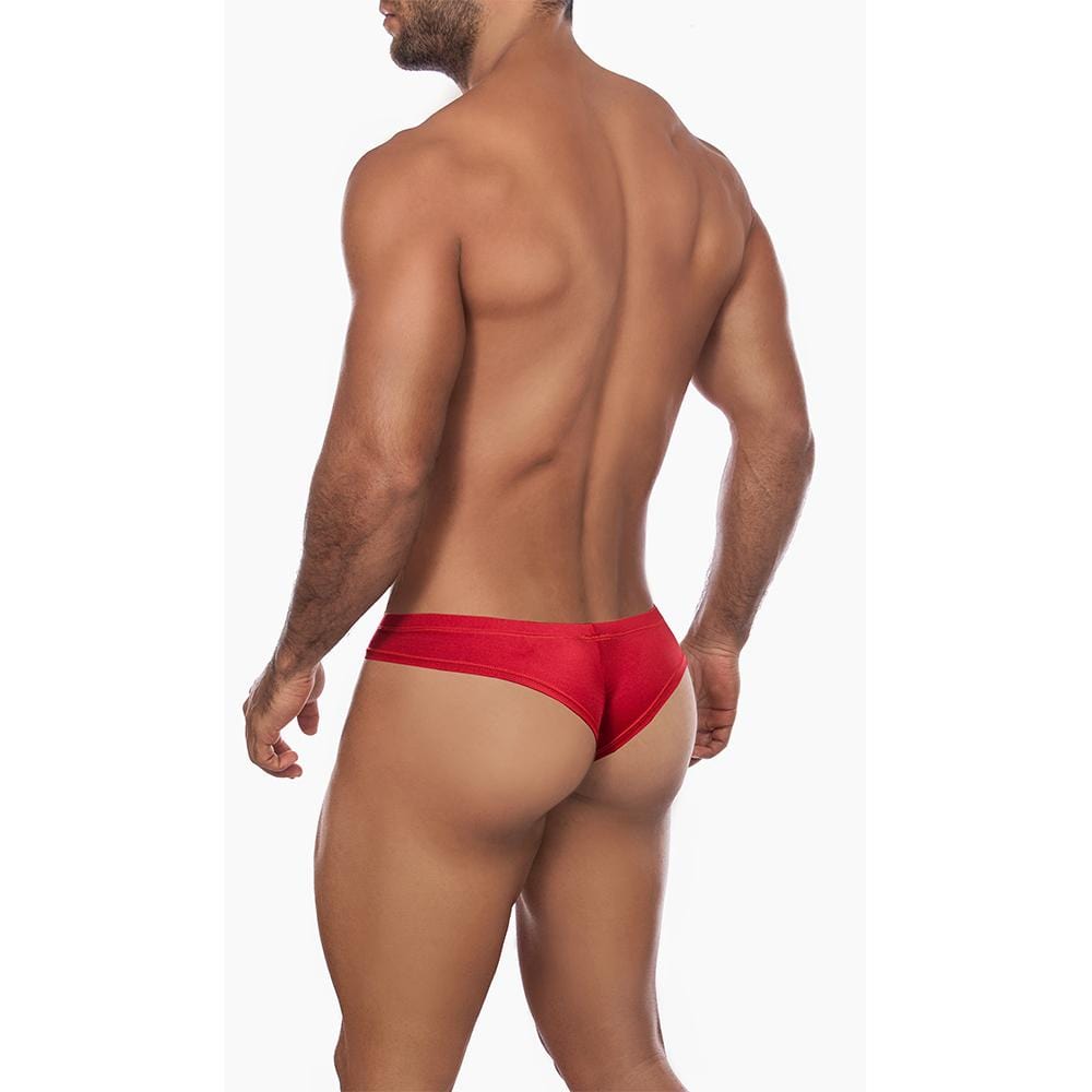 A person stands with their back to the camera, highlighting the cheeky design of the red Daniel Alexander Emotion Slip Thong. The white background accentuates the elegant simplicity of this premium fabric blend by Daniel Alexander.