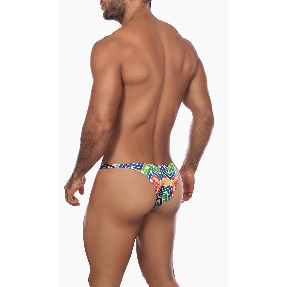 A muscular man is shown from behind, wearing the Daniel Alexander Harmonious Color Slip Bikini featuring a vibrant zig-zag print for snug support. The Brazilian cut bikini by Daniel Alexander stands out against the plain white background.