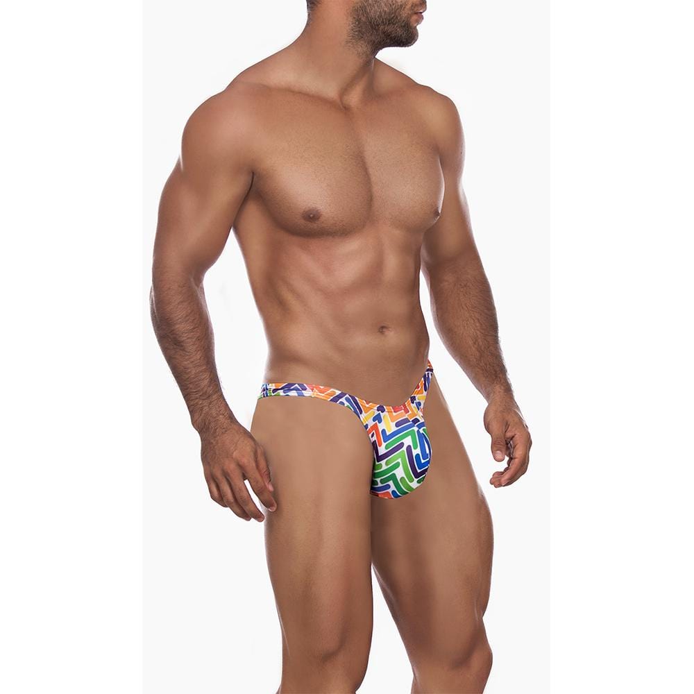 A man models the Daniel Alexander Harmonious Color Slip Bikini, flaunting a vibrant zig-zag print that accentuates his well-defined physique against a plain white background.