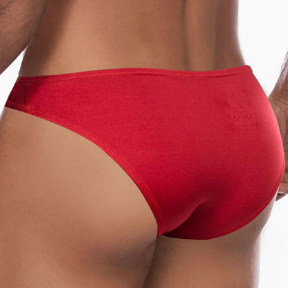 The image shows a person from the back wearing Daniel Alexanders Colorful Slip Bikini, emphasizing vibrant colors and the sexy contoured pouch that highlights the fabrics texture and fit.