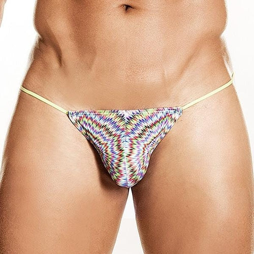 A person showcases the Daniel Alexander Psychedelic Classic G-String, featuring a vibrant zigzag pattern and thin side straps, crafted from breathable fabric against a light background.