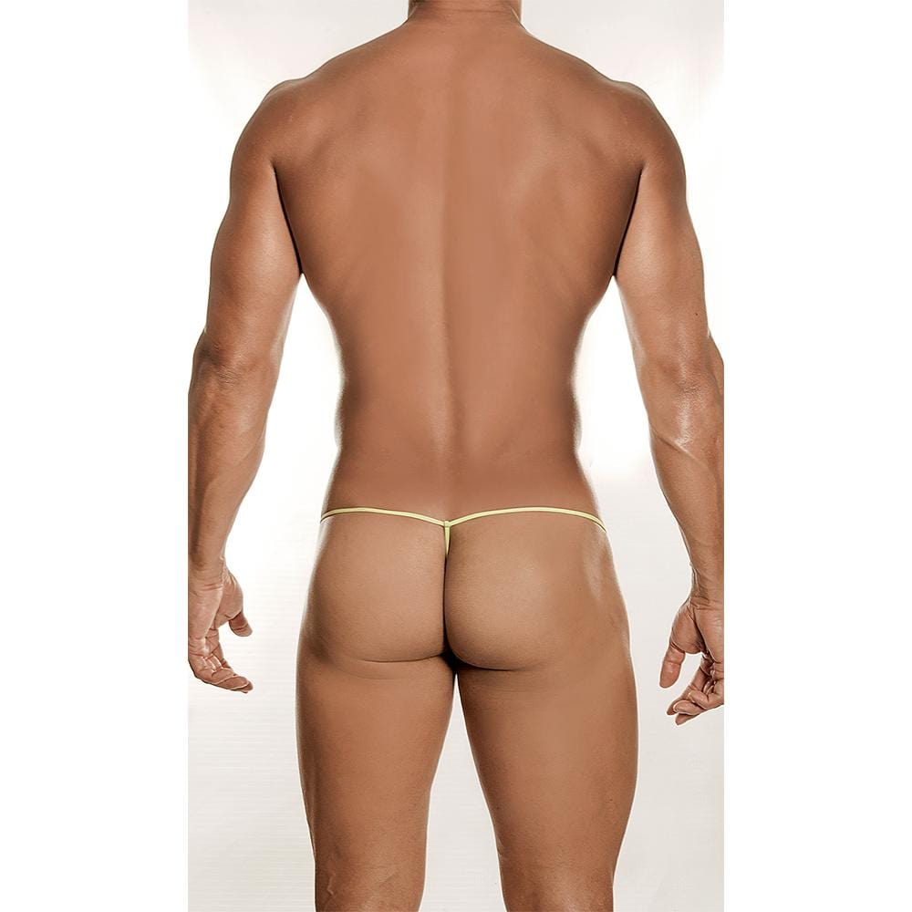 A rear view features a person wearing a visually striking Daniel Alexander Psychedelic Classic G-String in yellow, made from breathable fabric. They stand against a white background, emphasizing their muscular back and legs.