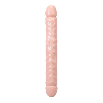 Doc Johnsons Jr. Double Header is a flesh-toned, silicone double-ended dildo with textured veins and rounded ends, designed for muscle relaxation and therapeutic use.