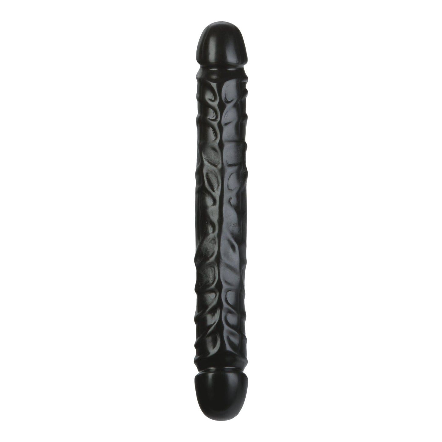 A black, cylindrical Jr. Double Header - Double Ended Dildo by Doc Johnson, featuring textured veins and rounded ends, set against a plain white background.