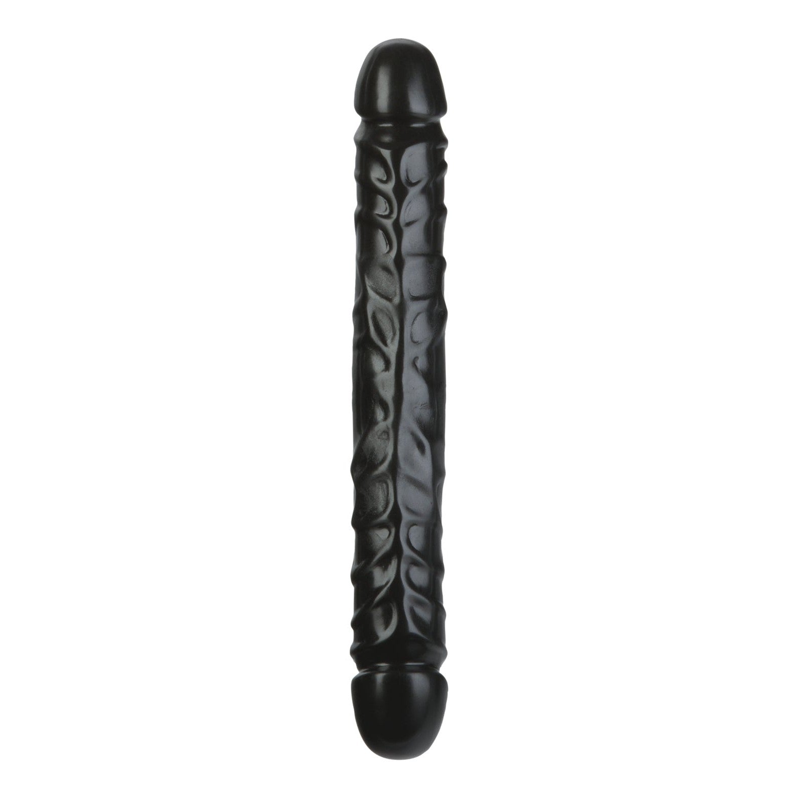 A black, cylindrical Jr. Double Header - Double Ended Dildo by Doc Johnson, featuring textured veins and rounded ends, set against a plain white background.