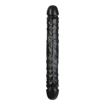 A black, cylindrical Jr. Double Header - Double Ended Dildo by Doc Johnson, featuring textured veins and rounded ends, set against a plain white background.