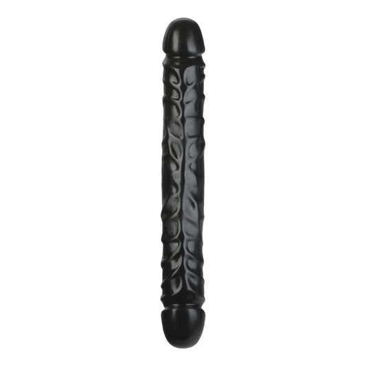 A black, cylindrical Jr. Double Header - Double Ended Dildo by Doc Johnson, featuring textured veins and rounded ends, set against a plain white background.