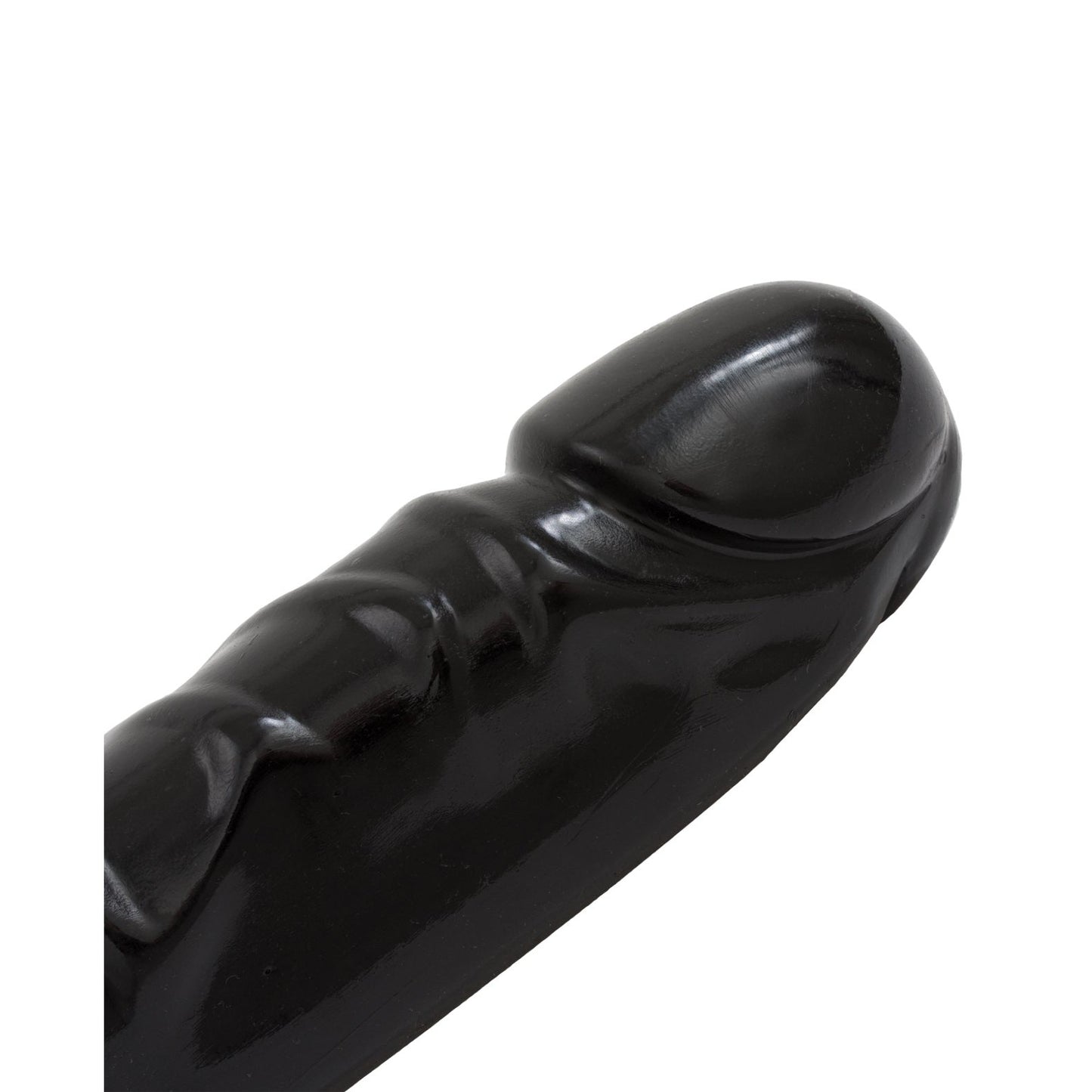 Close-up of Doc Johnsons Jr. Double Header, a sleek black double-ended dildo with smooth curves, stylized sculptural form, and textured veins against a white background.