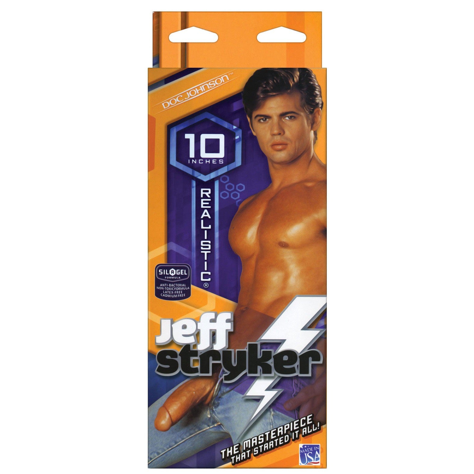 The packaging features a muscular, shirtless male model with the text 10 inches, Jeff Stryker, and The Masterpiece That Started It All. Made by Doc Johnson with FIRMSKYN material and textured veins for ultra-realism, it proudly states Made in the USA.