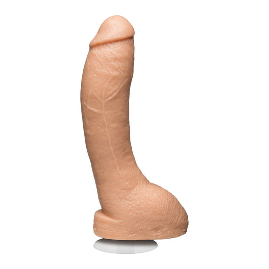 The Jeff Stryker 10 Realistic Cock by Doc Johnson, made from FIRMSKYN material, features detailed textured veins and a sturdy suction cup base, shown upright against a white background.