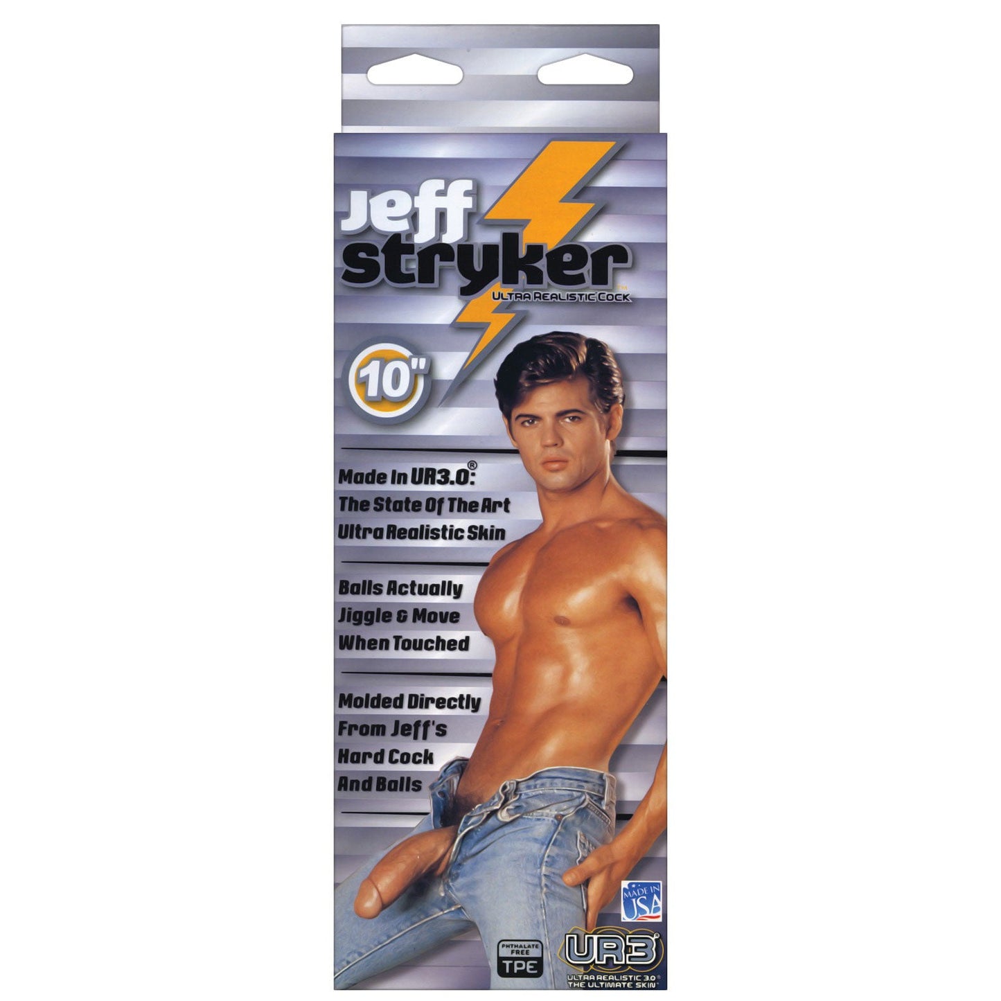 The packaging features a shirtless man in jeans, highlighting Ultra Realistic Skin and Jiggle & Move. Proudly branded by Doc Johnson as the Jeff Stryker 10 ULTRASKYN Cock, it promises an unparalleled experience.
