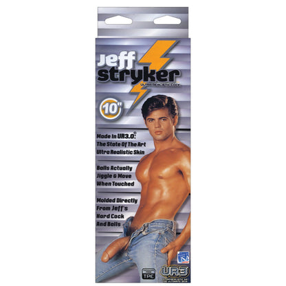 The packaging features a shirtless man in jeans, highlighting Ultra Realistic Skin and Jiggle & Move. Proudly branded by Doc Johnson as the Jeff Stryker 10 ULTRASKYN Cock, it promises an unparalleled experience.