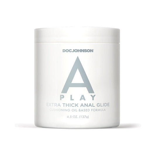 A Plays 4.5 oz white jar of Extra Thick Anal Glide features the text Cushioning Oil-Based Formula for a smooth experience.