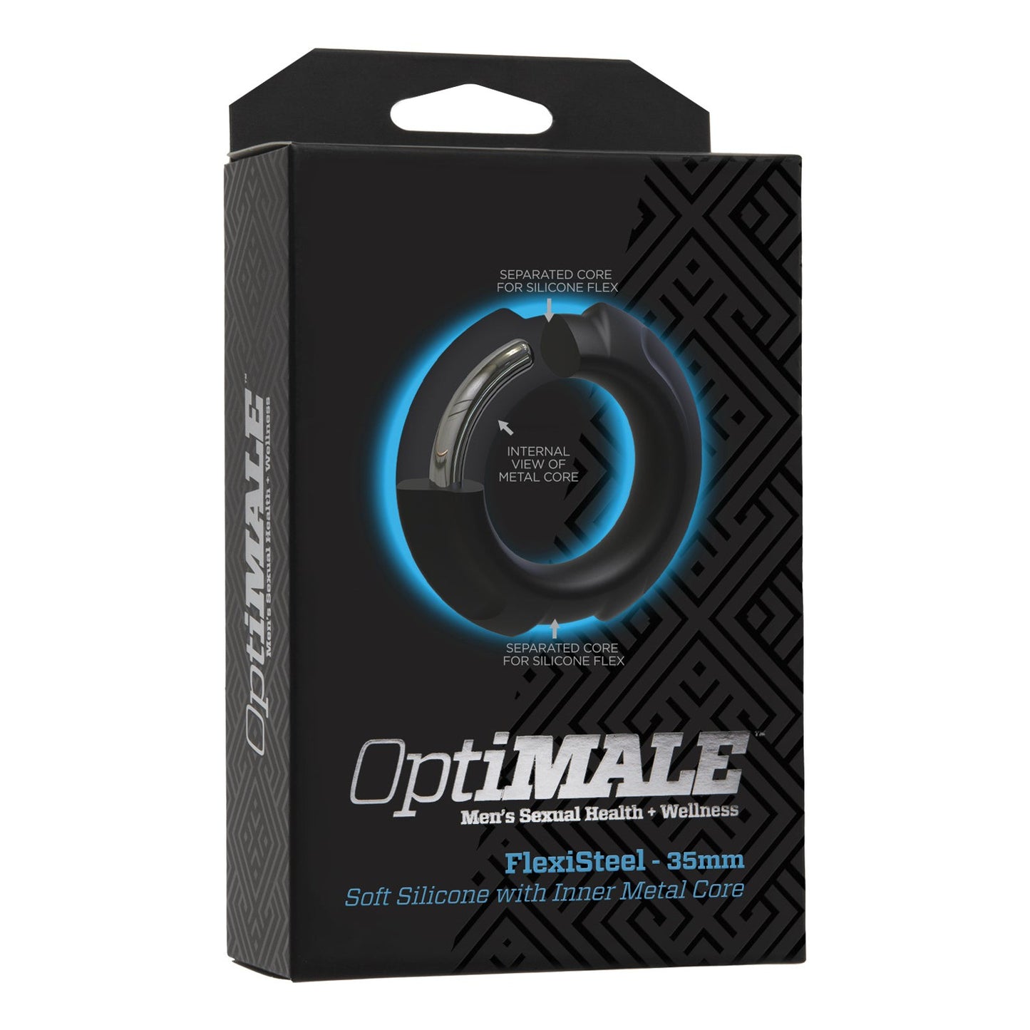 The OptiMale FlexiSteel Cock Ring by Doc Johnson comes in sleek black packaging with blue accents, highlighting its Metal-Silicone Fusion design for men’s sexual wellness. Its soft silicone exterior and internal metal core are emphasized on the box.