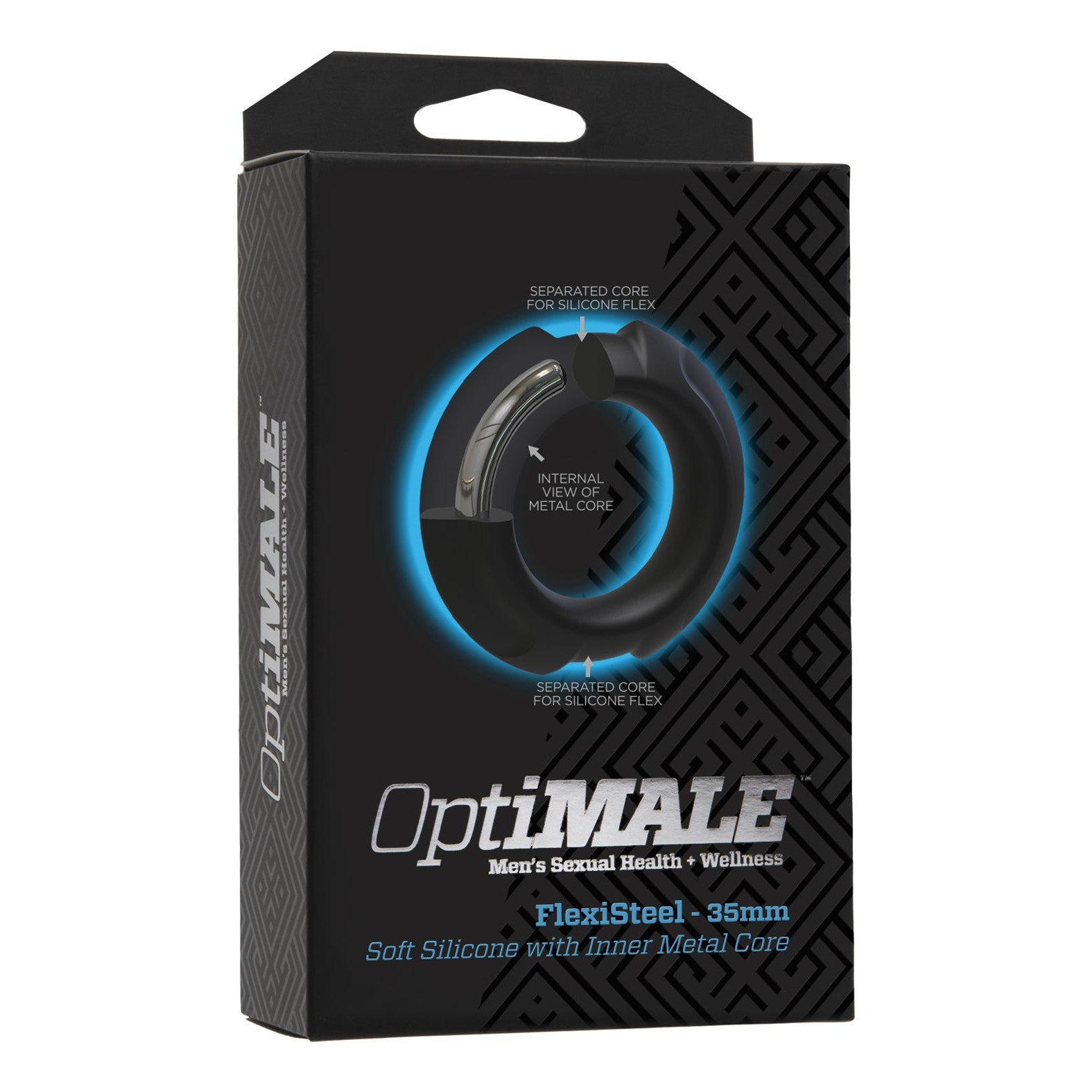 The OptiMale FlexiSteel Cock Ring by Doc Johnson comes in sleek black packaging with blue accents, highlighting its Metal-Silicone Fusion design for men’s sexual wellness. Its soft silicone exterior and internal metal core are emphasized on the box.