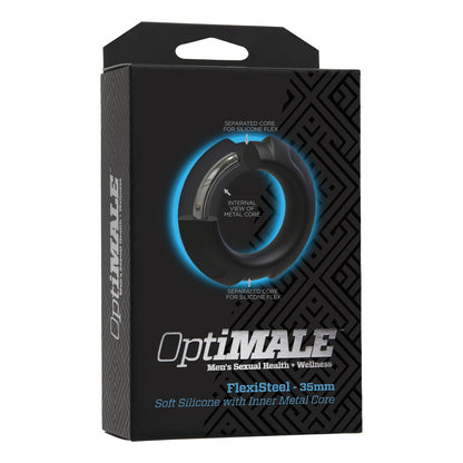 The OptiMale FlexiSteel Cock Ring by Doc Johnson comes in sleek black packaging with blue accents, highlighting its Metal-Silicone Fusion design for men’s sexual wellness. Its soft silicone exterior and internal metal core are emphasized on the box.