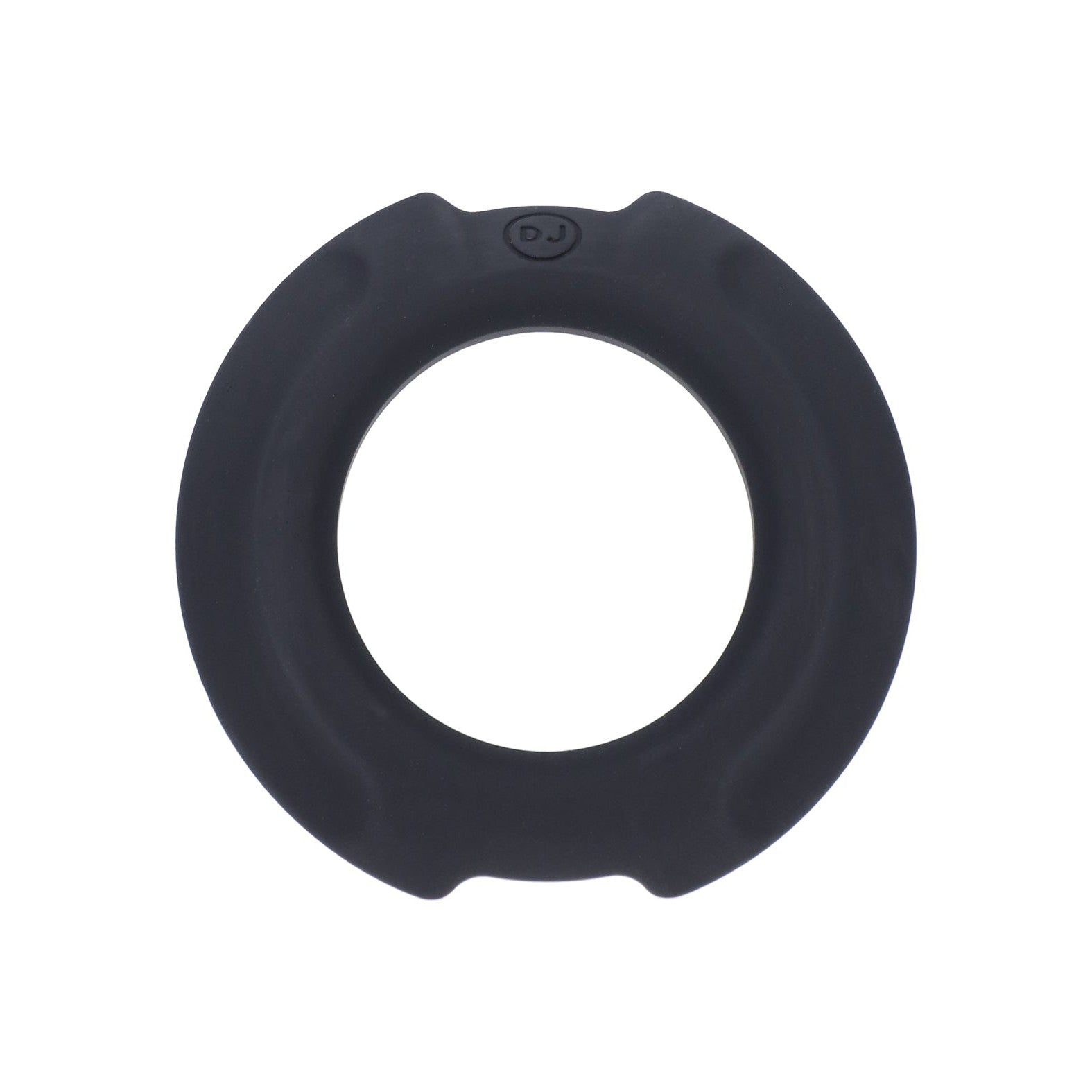 A round black rubber ring toilet seat bumper designed for stability, with a smooth, slightly indented surface, reflecting the elegance and durability of OptiMale FlexiSteel Cock Ring craftsmanship by Doc Johnson.