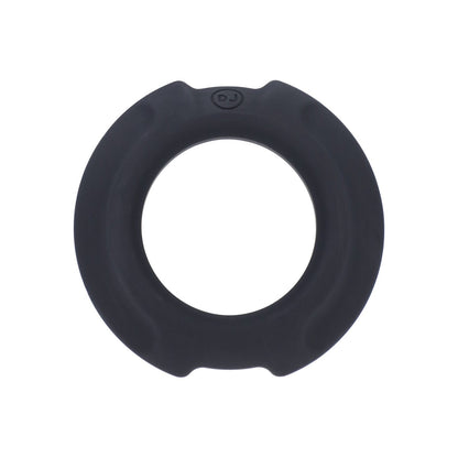 A round black rubber ring toilet seat bumper designed for stability, with a smooth, slightly indented surface, reflecting the elegance and durability of OptiMale FlexiSteel Cock Ring craftsmanship by Doc Johnson.