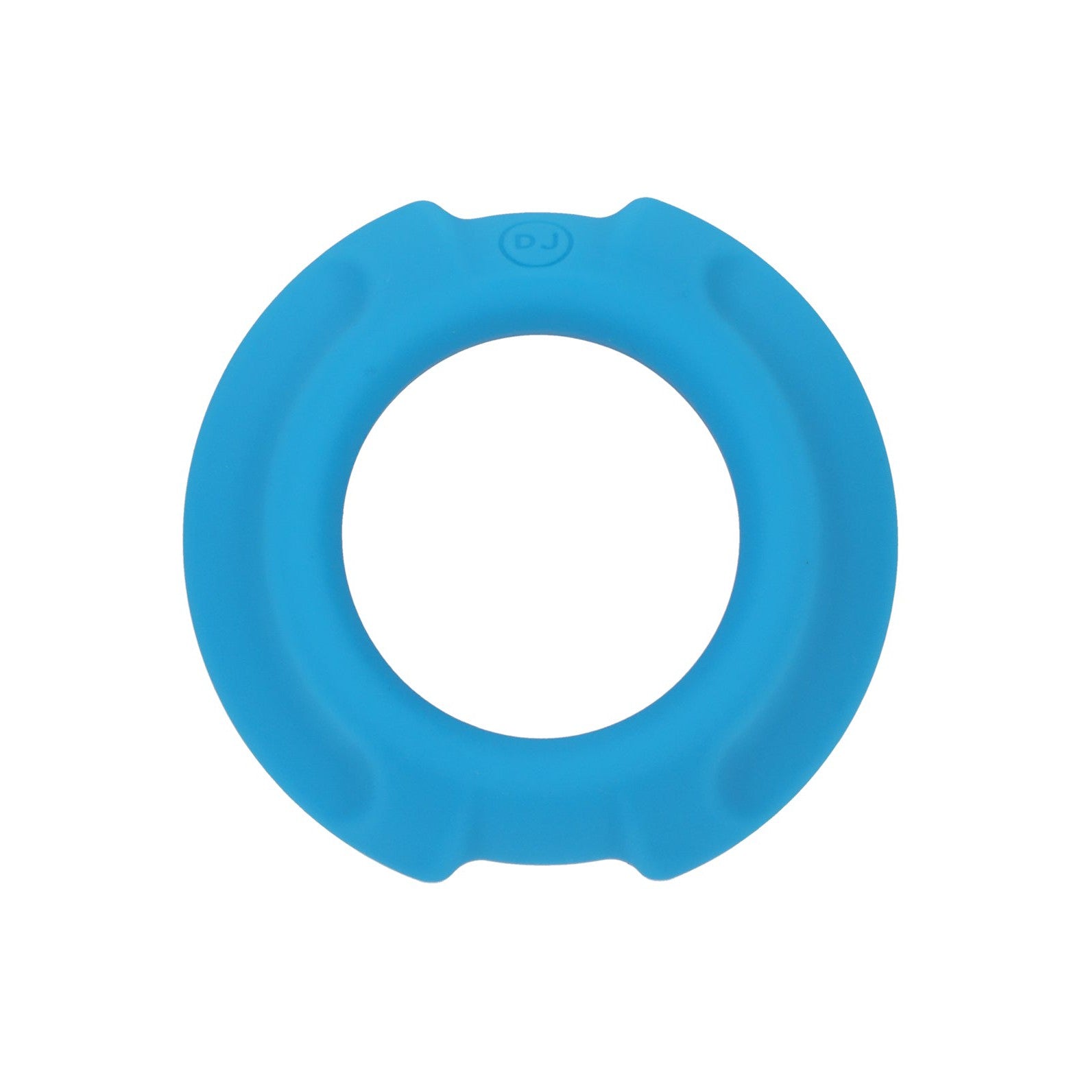 A blue, circular rubber OptiMale FlexiSteel Cock Ring from Doc Johnson features a smooth surface and a small logo. Enhanced with metal-silicone fusion technology, its durable and perfect for play.