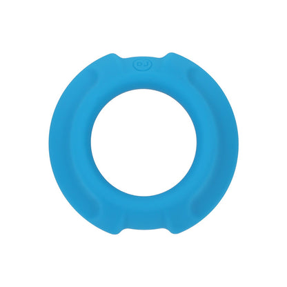 A blue, circular rubber OptiMale FlexiSteel Cock Ring from Doc Johnson features a smooth surface and a small logo. Enhanced with metal-silicone fusion technology, its durable and perfect for play.