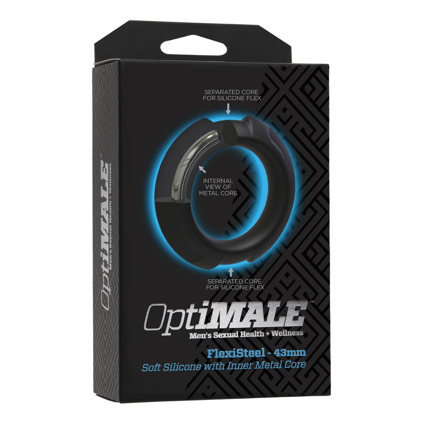 Discover Doc Johnsons OptiMale FlexiSteel Cock Ring, a Metal-Silicone Fusion boasting a black silicone sheath over a stainless steel core. Its crafted for mens sexual health, featuring a separated core for greater silicone flex and an internal view of its robust metallic structure.