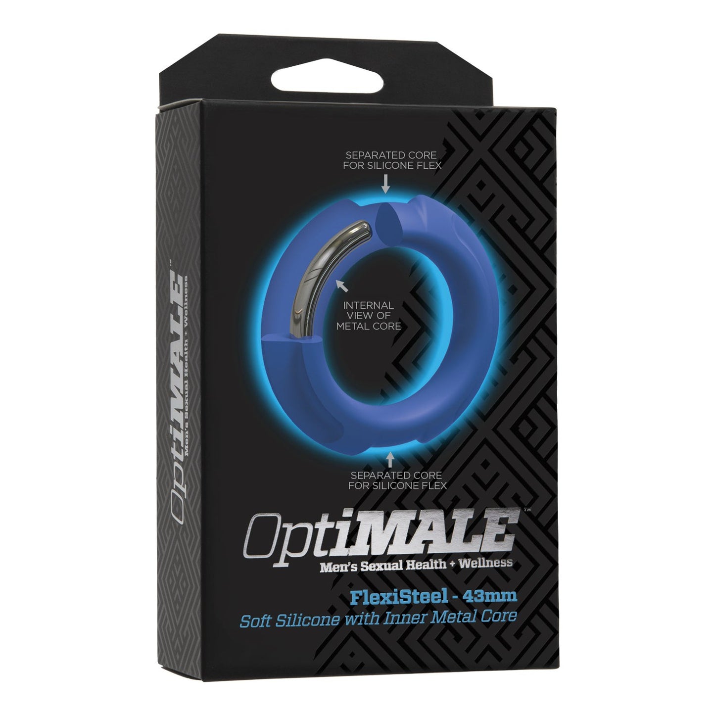 The Doc Johnson OptiMale FlexiSteel Cock Ring packaging highlights a Metal-Silicone Fusion design featuring a silicone sheath and stainless steel core. The sleek blue and black box emphasizes its 43mm size and flexible silicone material.