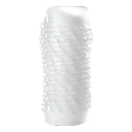 A tall white ceramic vase, crafted using OptiMales UltraRealistic 3.0 Material, showcases an intricate textured pattern, beautifully contrasting against its plain background.