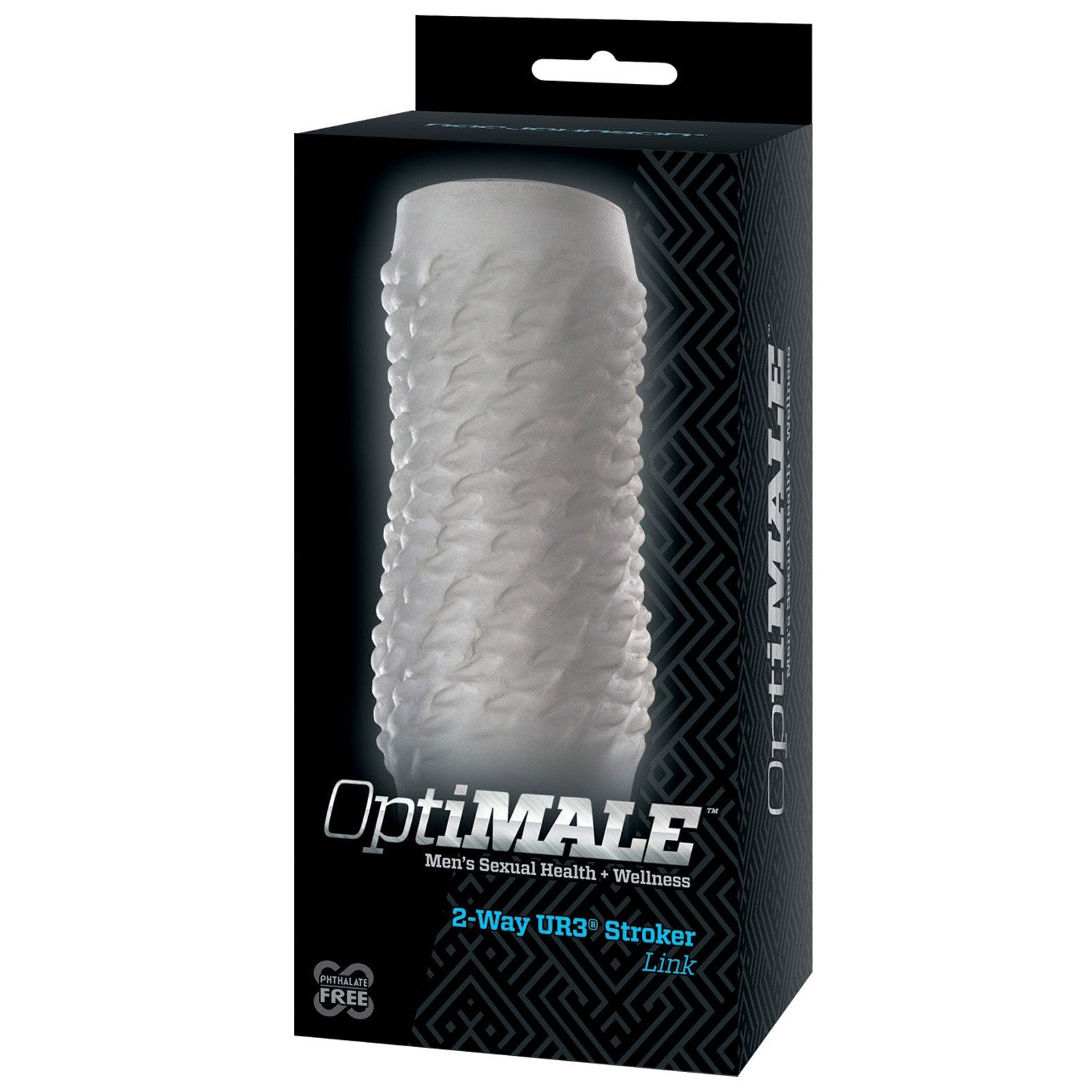 The OptiMale 2 Way Strokers Link by Optimale promotes mens sexual health and wellness. It features a dual-textured stroker image on its packaging and is crafted from UltraRealistic 3.0 material to ensure a body-safe experience.