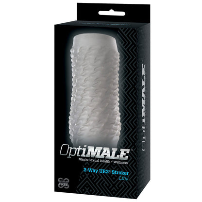 The OptiMale 2 Way Strokers Link by Optimale promotes mens sexual health and wellness. It features a dual-textured stroker image on its packaging and is crafted from UltraRealistic 3.0 material to ensure a body-safe experience.