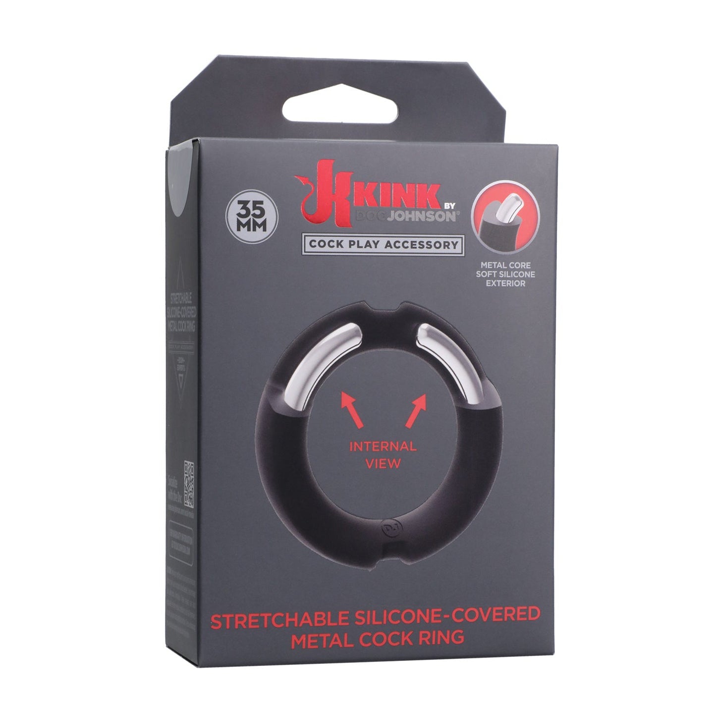 The packaging of the Merci Hybrid Silicone Covered Metal Cock Ring by Doc Johnson features a 35mm sturdy metal design with a stretchable velvet-touch silicone sheath. The box displays an internal view illustration and showcases product branding in silver, red, and black for enhanced performance.