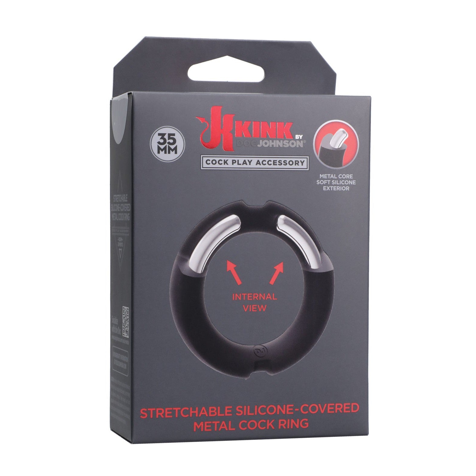 The packaging of the Merci Hybrid Silicone Covered Metal Cock Ring by Doc Johnson features a 35mm sturdy metal design with a stretchable velvet-touch silicone sheath. The box displays an internal view illustration and showcases product branding in silver, red, and black for enhanced performance.
