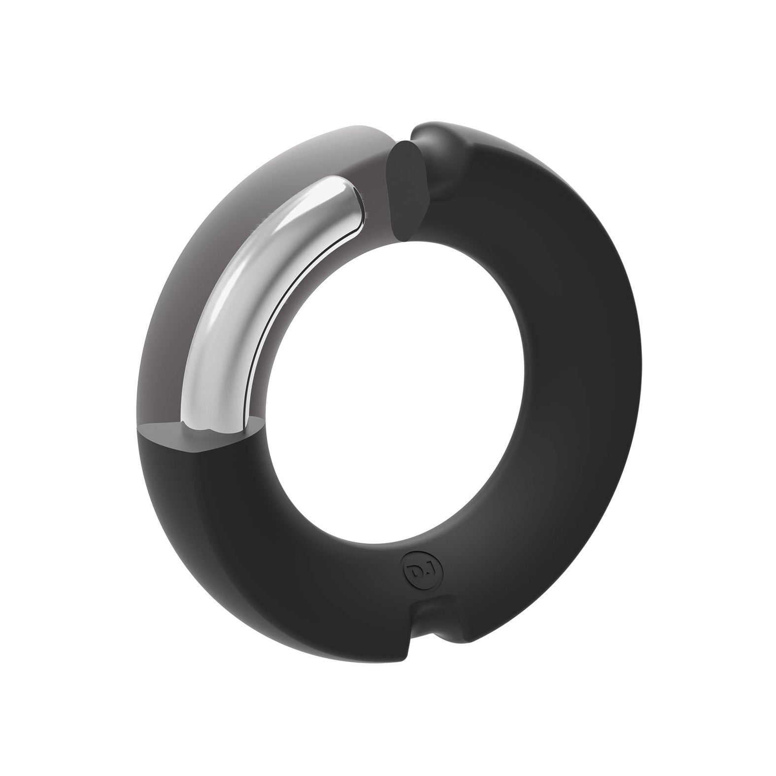 A chic USB device with a circular black and silver design, partly open like a minimalist bracelet, reminiscent of the elegant Doc Johnson Merci Hybrid Silicone Covered Metal Cock Ring.