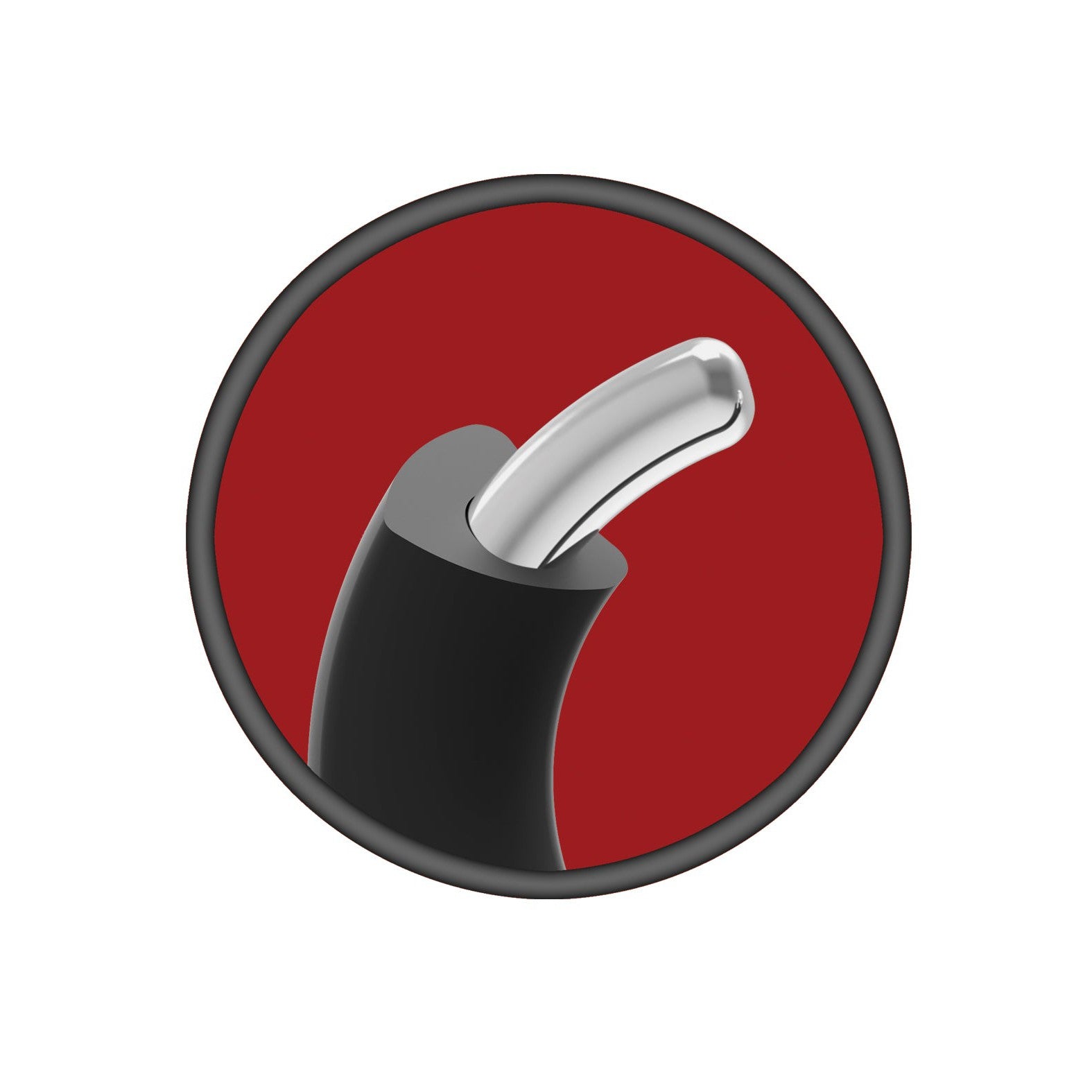 A close-up features the Merci Hybrid Silicone Covered Metal Cock Ring by Doc Johnson, showcasing its smooth black and silver silicone, slightly bent against a solid red circular background. The sleek design highlights the metallic shine and gentle curvature.