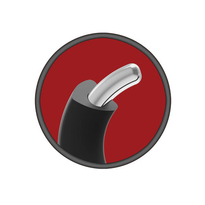 A close-up features the Merci Hybrid Silicone Covered Metal Cock Ring by Doc Johnson, showcasing its smooth black and silver silicone, slightly bent against a solid red circular background. The sleek design highlights the metallic shine and gentle curvature.