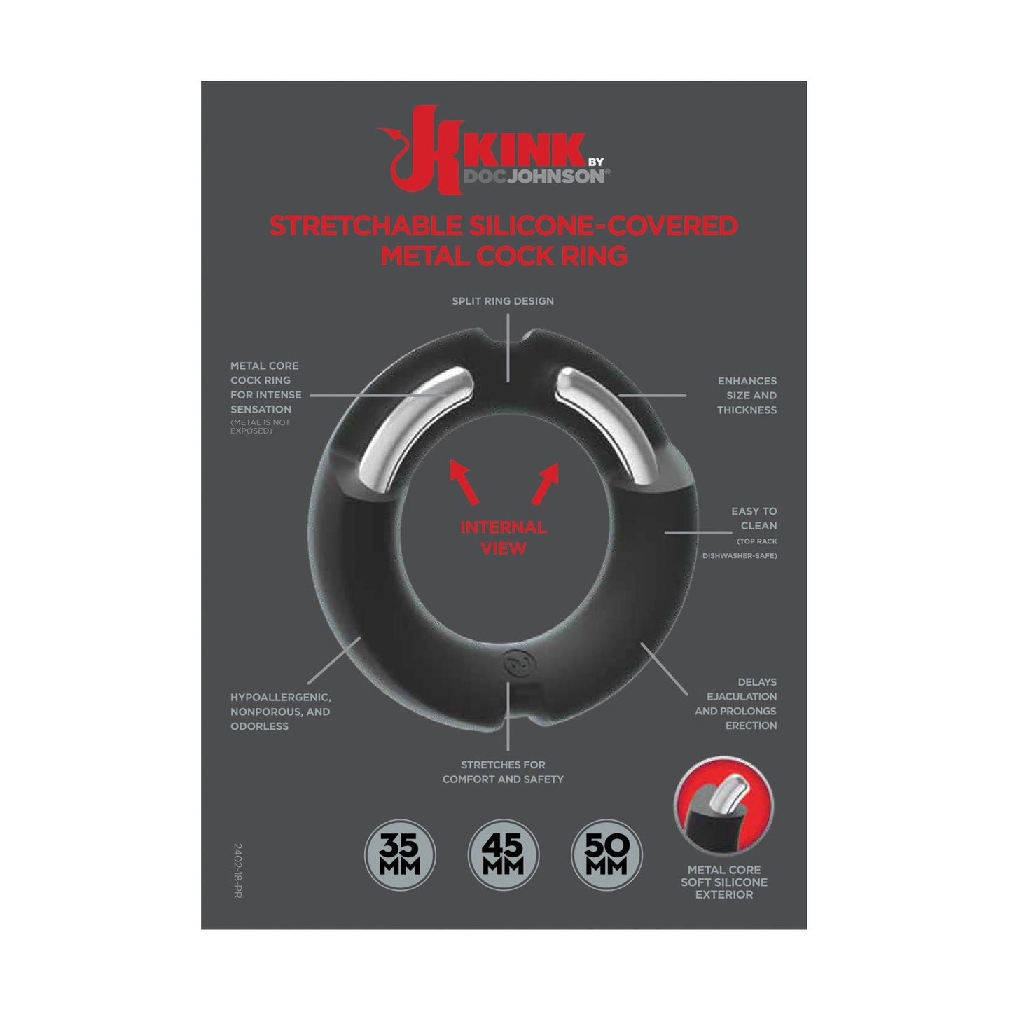 Image of the Merci Hybrid Silicone Covered Metal Cock Ring by Doc Johnson. This performance booster, available in 35mm, 45mm, and 50mm sizes, features a split ring design offering comfort and easy cleaning, with enhanced temperature sensations from its velvet-touch silicone sheath.