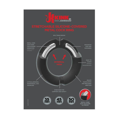 Image of the Merci Hybrid Silicone Covered Metal Cock Ring by Doc Johnson. This performance booster, available in 35mm, 45mm, and 50mm sizes, features a split ring design offering comfort and easy cleaning, with enhanced temperature sensations from its velvet-touch silicone sheath.