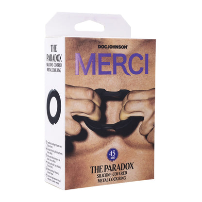 Box of Merci Hybrid Silicone Covered Metal Cock Ring by Doc Johnson. Feel intense sensation with this metal-silicone ring. Packaging highlights hands displaying the ultimate performance enhancer.
