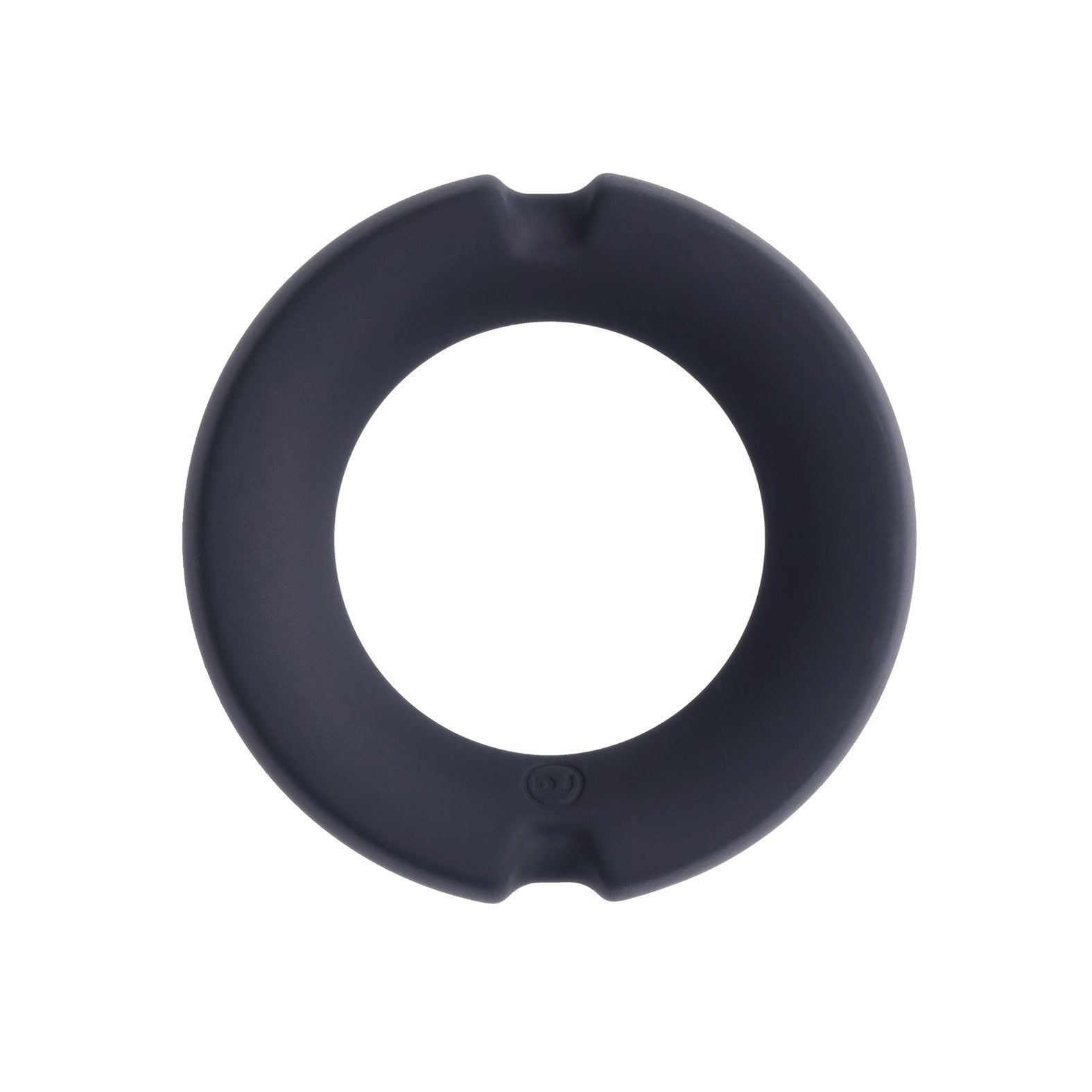 The Doc Johnson Merci Hybrid Silicone Covered Metal Cock Ring is a black, circular silicone ring with indented edges, shown against a plain white background.