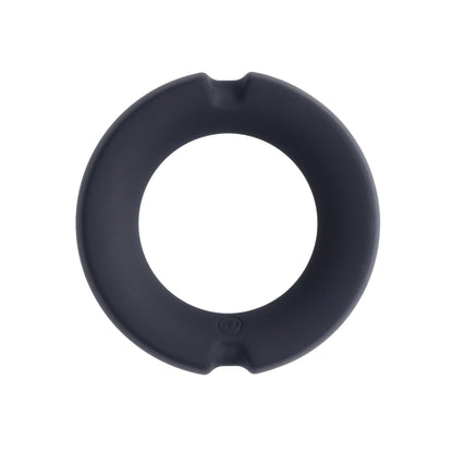 The Doc Johnson Merci Hybrid Silicone Covered Metal Cock Ring is a black, circular silicone ring with indented edges, shown against a plain white background.