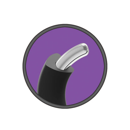 A minimalist illustration of the Merci Hybrid Silicone Covered Metal Cock Ring by Doc Johnson shows a black handle with a curved metallic spout against a purple background, evoking the sleek design of performance boosters, encircled by a black border.