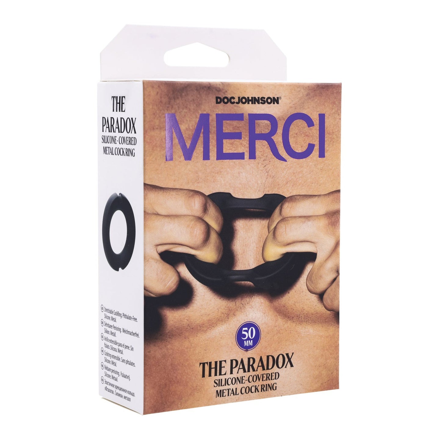Box of Merci Hybrid Silicone Covered Metal Cock Ring by Doc Johnson showcases the 50 mm ring on a torso, promising intense sensation and performance boost.
