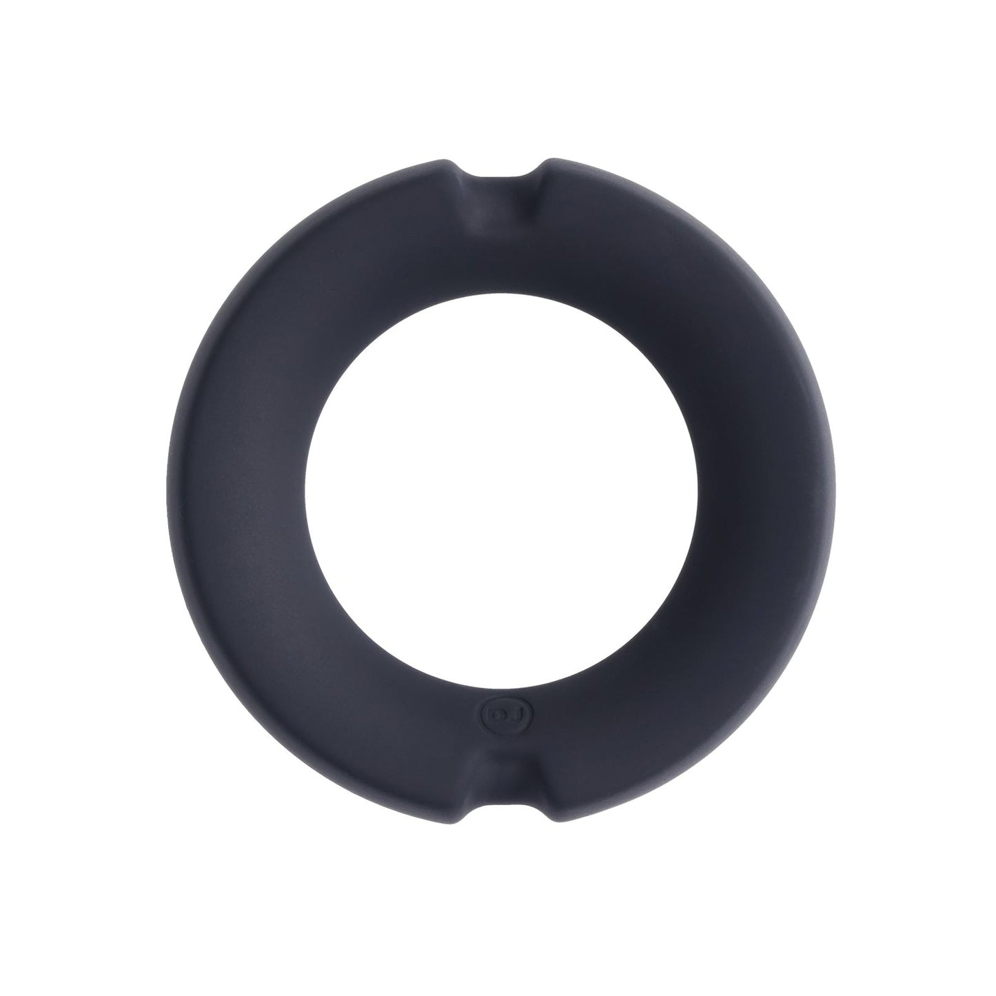 A black, circular rubber ring with a smooth surface features two small notches on opposite sides. Its minimalist design from the Doc Johnson Merci Hybrid Silicone Covered Metal Cock Ring suggests industrial use as a mechanical performance booster.