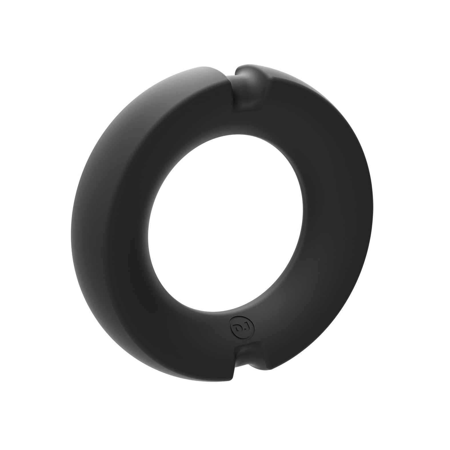 The Merci Hybrid Silicone Covered Metal Cock Ring by Doc Johnson is a sleek, black, circular ring with a small gap that exudes modernity. Its smooth surface and embossed icon make it ideal for those seeking intense sensations or a performance boost in stylish accessories.