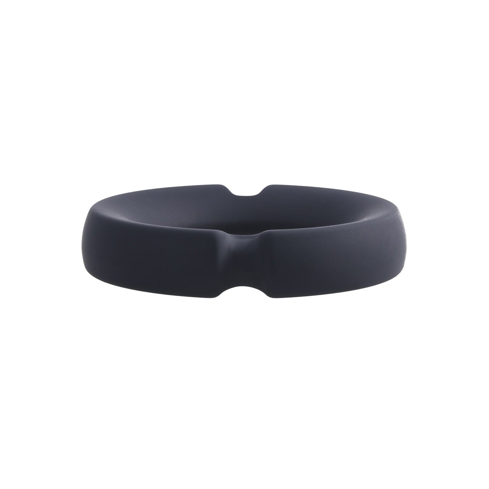 A round, black silicone-covered metal cock ring with a sleek design from Doc Johnson, reminiscent of performance boosters, isolated on a white background.