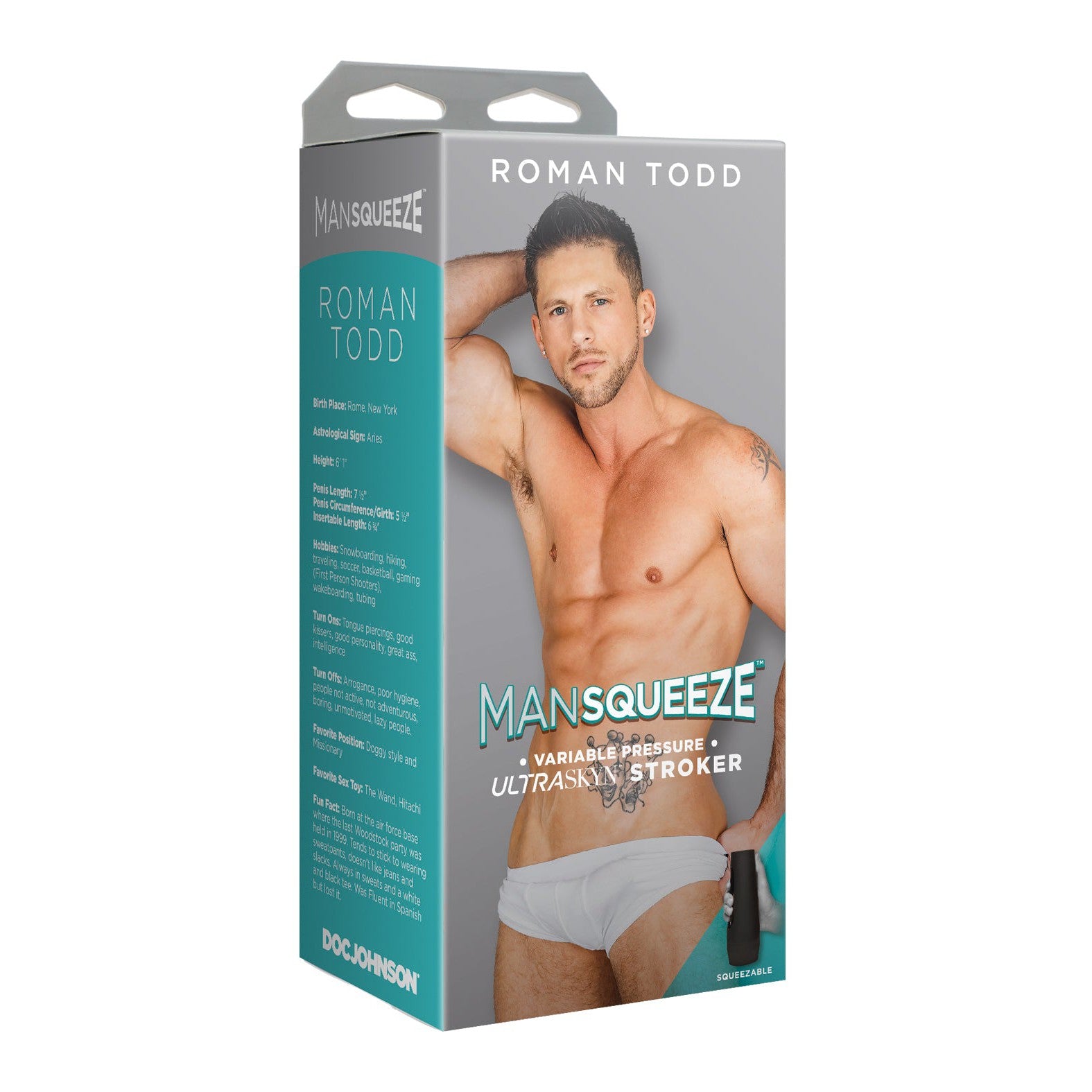 The product packaging displays a shirtless man in white briefs with an arm raised. The Man Squeeze ULTRASKYN Ass Stroker - Roman Todd name highlights customizable pressure features, while the Doc Johnson brand is subtly noted at the bottom.